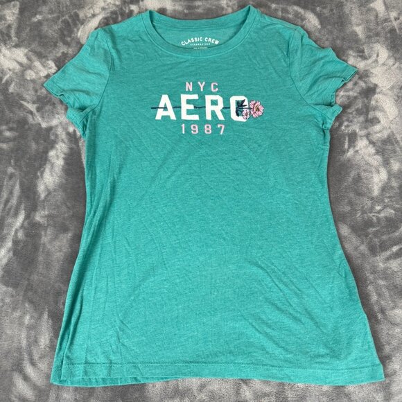 Aeropostale Tops - Aeropostale Classic Crew Y2K Style Embroidered Blue Pink Roses Tee - Size XL